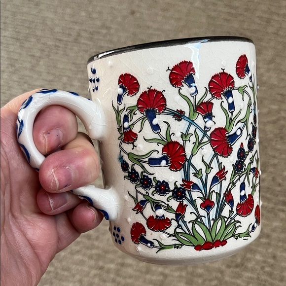 artisan made tirkish Other - Authentic Turkish mug With red flowers and blue handle